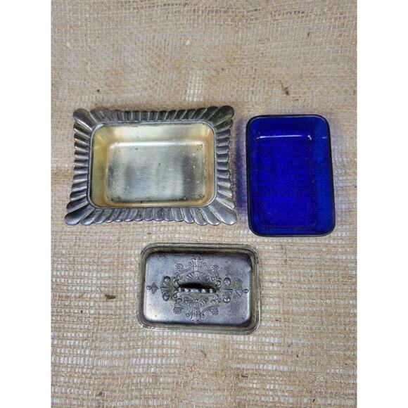 Vintage Trinket Box, Silver Plate & Cobalt Glass, Jewelry Holder, Occupied Japan - Picture 2 of 5